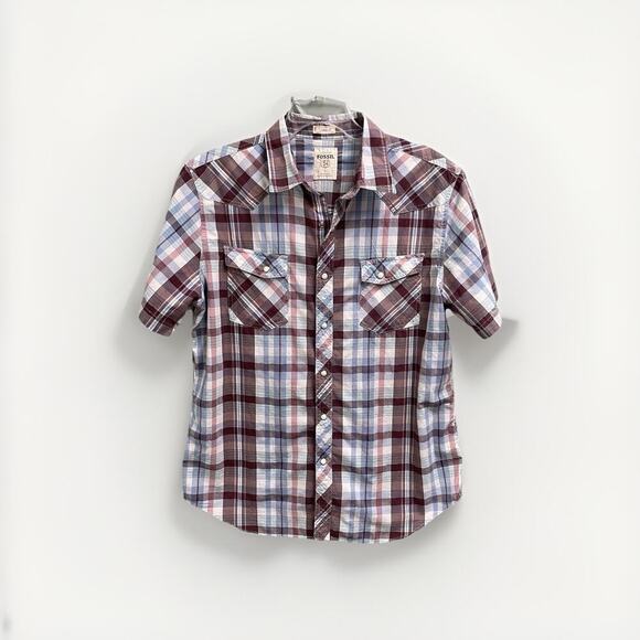Fossil Pearl Snap Western Shirt Mens Size Large Plaid Cowboy Rodeo Short Sleeve - Picture 1 of 4